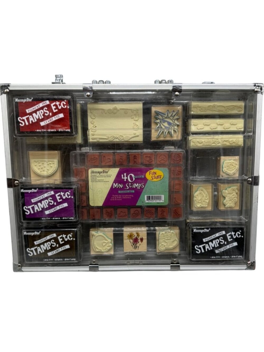 58-Piece Mini Stamps & Pigment Ink Pad Set In Aluminum plastic Case READ